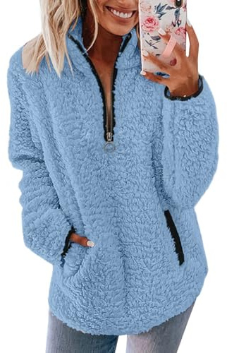 CGGMVCG Fleece Jumper Women Womens Fleece Jumper 1/4 Zip Up Teddy Fluffy Pullover Sweatshirt Ladies Casual Sweater Cozy Coat Tops Fall Winter Stand Collar Fleece Jacket with Pockets (Blue, XL)
