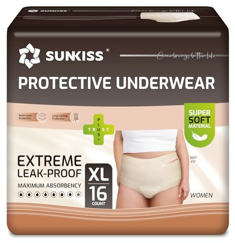 SUNKISS Pañales Adultos Mujer, Bragas Desechables Incontinencia y Postparto, Ropa Interior Absorbente Máxima Protección, Color Beige, Talla XL, 16 Unidades