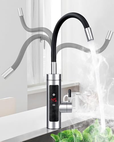 Instant Hot Water Tap, 360° Rotatable Instant Water Heater Tap with Digital Display, 220V 3000W Stainless Steel Electric Water Heater Faucet for Kitchen Washroom Bathroom (Schwarz)
