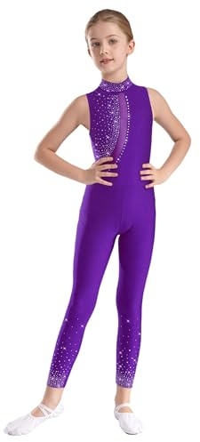 IEFIEL Maillot Gimnasia Rítmica de sin Mangas para Niña Bodies de Danza Ballet Leotardos de Patinaje Malla Gimnasia con Pedrería Mono Largo de Deportivo Yoga V Morado 5-6 años