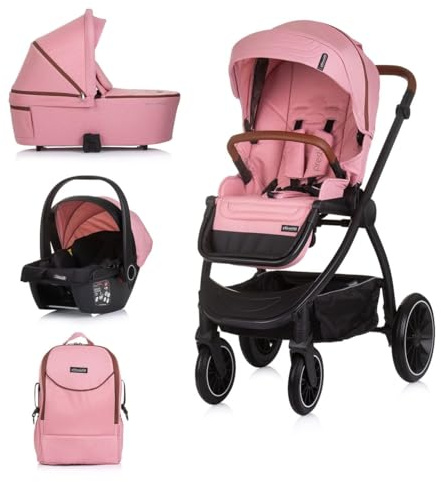 Chipolino Kombikinderwagen 3 in 1 Prestige Babywanne Rucksack i-Size Babyschale rosa