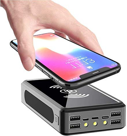 Power Bank Solar Charger 100000mAh, Wireless Solar with 4 USB Output and LED Flashlight and 10W Wireless Charging, External Battery Pack Solar Phone Charger for Camping Hiking Emergency,Bl