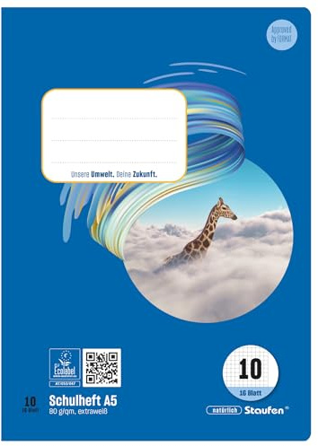 Staufen Style Schulheft - 10 Hefte je 16 Blatt, DIN A5, Lineatur 10 (5 mm kariert mit Rand), 80 g/m² Papier