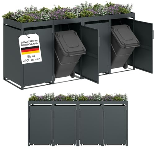 STEELSØN Thoria Mülltonnenbox 4er bis 240 L, mit Pflanzendach, Anthrazit | Müllcontainer aus Stahl für 4 Tonnen, hochwertige Mülltonnenverkleidung wetterfest & UV-beständig, Müllbox/ Gerätebox