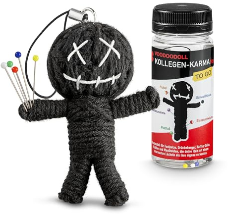 Voodoo Puppe mit Nadeln Arbeit lustiges Geschenk für Kolleginnen Kollegen und Anti Stress Präsent und Aufmerksamkeit für Lieblingskollegen und als Büro Mitbringsel mit 5 PRYM-Nadeln in der Dose