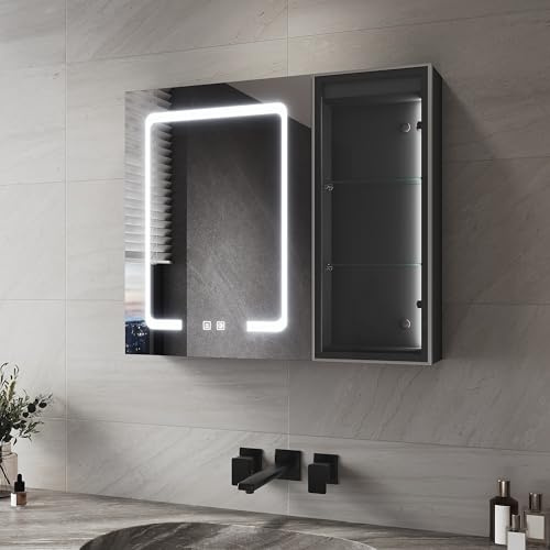 SIRHONA Armoire de Toilette Miroir, Porte d'exposition à Cadre en Aluminium, 70x60x12.5cm, Armoire Miroir Salle de Bain avec 3 Couleur Lumière, Dimmable, Douille, Noir