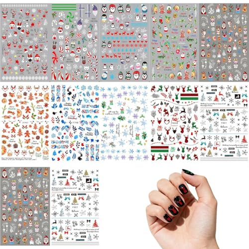 Nagelsticker Weihnachten 10 Blatt Nagelaufkleber Selbstklebend Weihnachtsweißer Schneeflocken-Winter Nail Art Sticker Dekoration Nageldesign Zubehör (Style 3)