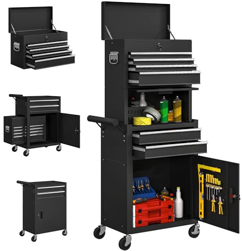 HOMCOM Lockable Tool Cabinet 3-in-1 Rolling with 6 Drawers Pegboard Black