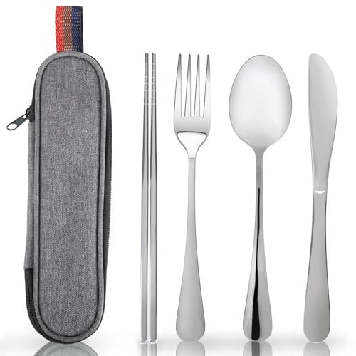 Cubiertos Camping de Acero Inoxidable, Cuchara, Tenedor, Cuchillo, Palillos Cubiertos para Llevar, Estuche de Cubiertos de Camping para Llevar al Trabajo, Viaje, Acampadas y Campamento