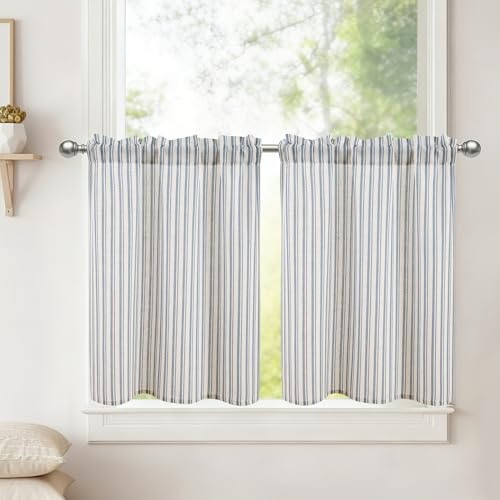 DWCN Köksgardiner skivgardiner korta randiga blå gardiner H 60 x 60 cm, set om 2 linneutseende gardiner halvtransparent bistrogardin med gardinstång för sovrum skåpgardin badrum
