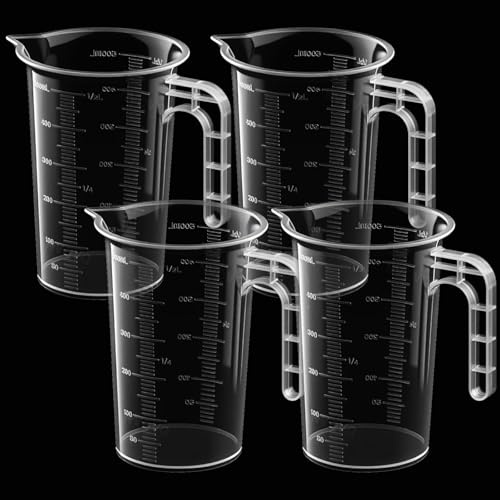 4 Stück Messbecher 500ml, Messbecher Set aus Kunststoff mit Griff und Ausguss, Transparente Messkanne für Küche, Backen, Getränke, Waschmittel, Autopflege, Labor, Präzises Litermaß mit feiner Skala