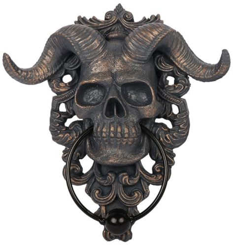 Türklopfer mit gehörntem Totenkopf, Skelettkopf, gotischer Türklopfer, Dekor für Haustüren, S, Dekor