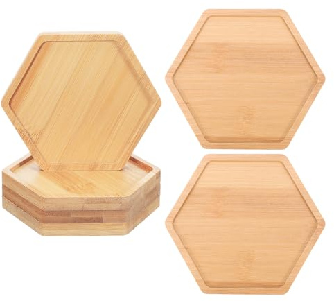 Veemoon 6 Pezzi Sottobicchieri in bambù Esagonali per Vasi da Fiori Vassoio Sottovaso Drenante per Piante da Interno Supporto Decorativo per Succulente e Bonsai Base Leggera e Portatile