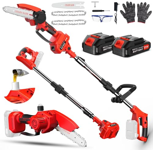 Lmozim 2-IN-1Cordless Pole Saw & Mini Battery Chainsaw 8 Inch,Mini Chainsaw Cordless with Extension Pole, Pole Saw Long Reach with 2 * 2000mah Batteries and Charger, Adjustable Head for Tree Branch