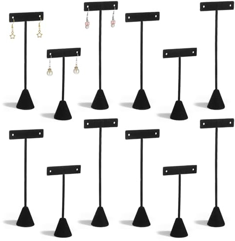 Oqqlin 12 Pcs 3 Sizes Earring T Stand Display, Black Velvet Earrings Holder 4.5/6/6.7 Inch Metal Earring Display Storage Rack for Jewelry Storage Selling Show
