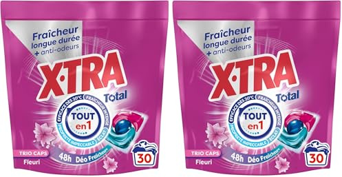 X-Tra Total - Lessive Capsules- Trio-Caps - 4+1 - Propreté - Eclat - Fraîcheur - Engagé pour vous - Economique - Parfum Fleuri - Déo Fraîcheur + - 24H Anti-Odeurs - Efficace des 20°C - 30 Lavages