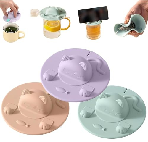 Teebeutelhalter aus Silikon mit niedlichem Katzen-Design, 10,2 cm, staubdichter Tassendeckel, hitzebeständiger Kaffeeaufsatz, wiederverwendbar, Geschenk für Katzenliebhaber, spülmaschinenfest (3 Stück