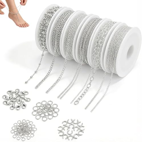 Zlokdraxy Ketten Selber Machen Set – Ketten Set 14m 6 Rollen Gliederkette Silber, Schmuckherstellung Set Zubehör mit Ringen, Karabinern und U-Ringen für DIY Halsketten und Armbänder