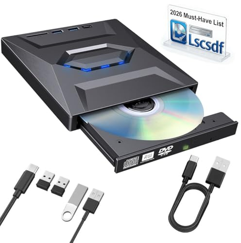 Lscsdf Unidad de DVD USB externa 7 en 1 y reproductor de Blu-Ray, USB 3.0 tipo C, grabadora portátil de CD, DVD, ROM, RW, con 3 puertos USB, ranuras para tarjetas Sd/Tf para laptop, escritorio, Mac
