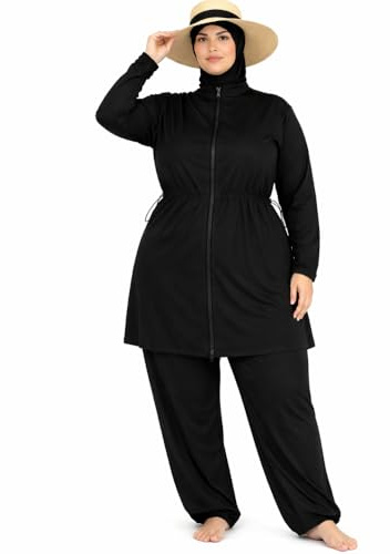 Burkini - Costume da Bagno Lungo con Hijab da Bagno, a Maniche Lunghe, 4 Pezzi, Donna Taglie Forti, Nero, 3XL Plus
