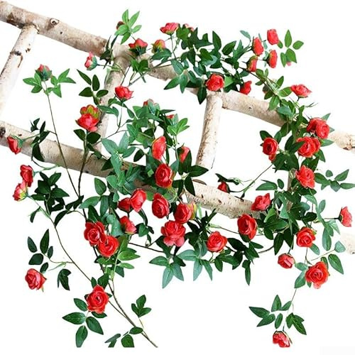 TDCuizent Guirnalda de flores artificiales de ratán blanco de 175 cm para decoración del hogar, jardín, boda, patio, hiedra falsa de plástico (rojo)