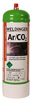 110 bar Einwegflasche 1 Liter Mischgas 80% Argon 20% CO2 (110 Liter Schweißgas für MAG-Schweißen)