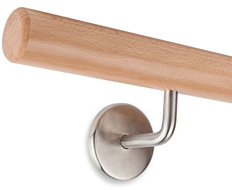 Set main courante ronde en hêtre verni Ø 45 mm avec fixations en acier inoxydable_neuf (195 cm + 3 supports)