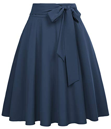 Belle Poque Damen Swing Rock 50s Retro Vintage Rockabilly Knielang Festliche Röck mit Gürtel Faltenrock Bp561-12 L
