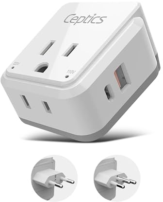 Ceptics Brazil Power Plug Adapter Travel Set, 20W PD & QC, Safe Dual USB & USB-C 3.1A - 2 USA Socket - Compact & Powerful - Also Use in Peru, Chile - Includes Type C, Type N Swadapt Attachments