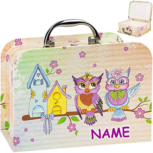alles-meine.de GmbH Koffer/Kinderkoffer - GROß - lustige Eulen auf dem AST - inkl. Name - 27 cm - Pappkoffer - Puppenkoffer - Kinder - Pappe Karton - Eule Vögel Blumen Blüten /..