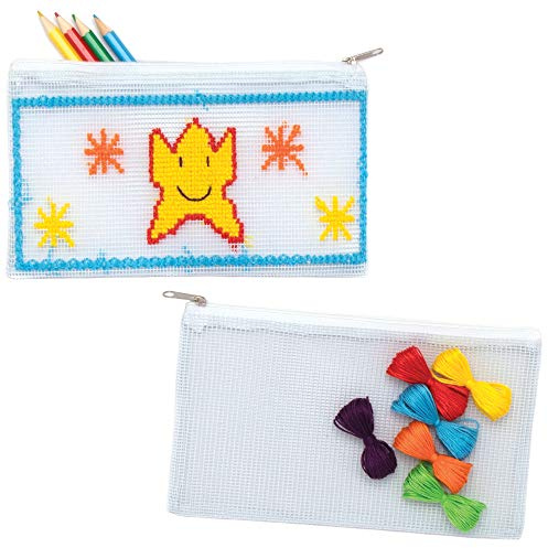 Baker Ross AT953 Federmäppchen, Kreuzstich-Set, 2 Stück, bunte Tasche für Kinder, Kunst und Handwerk oder Nähanfänger, Blau,Gelb,Grün,Rot