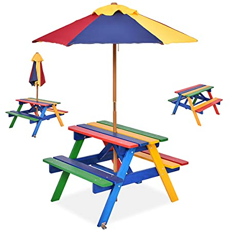 RELAX4LIFE Kindersitzgruppe mit Sonnenschirm Ø 120 cm, Gartenmöbel Set mit 1 Tisch & 2 Bänke, Picknicktisch Massivholz, Kindermöbel für Picknick, Kindersitzgarnitur Indoor Outdoor bis 4, Bunt