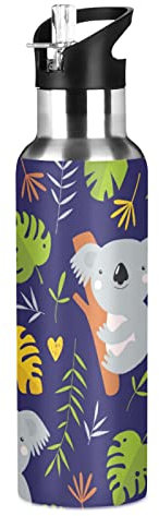 Mignon Koala en Feuille De Palmier Isotherme Bouteille d'eau avec Paille, Gourde Sport en Acier Inoxydable 600ML Gourdes sans BPA pour Enfant Garçon Fille École Bureau