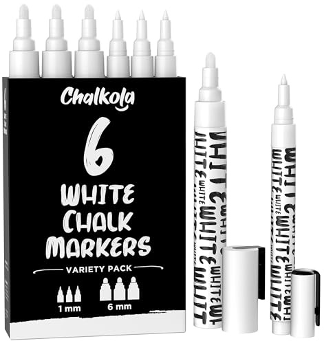 Chalkola White Chalk Markers - White Dry Erase Liquid Chalk Pens for Chalkboard, Blackboard, Window, Bistro, Car Glass, Board, Signs - Variety Pack of 6 - (3x) 1mm & 6mm
