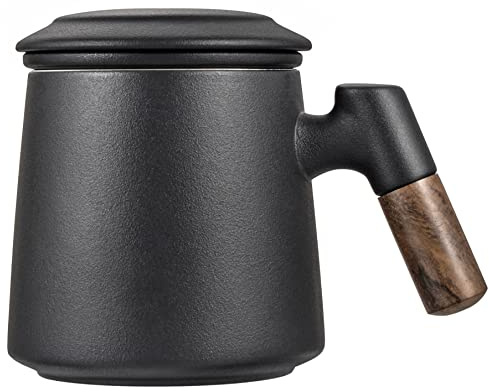 BAILIZHOU Tasse à Thé en Céramique avec Infuseur et Couvercle, Tasse avec Poignée en Bois 400 ml / 13 oz pour Maison et Bureau
