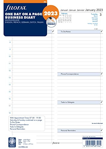 Filofax Terminplaner 2023, DIN A4, 5 Sprachen, Terminplaner, 1 Tag pro Seite, White, 23-68719