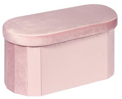 Bonlife Pink Velvet Ottoman Storage Bench with Seat,Foldable Stool Living Room Furniture,Oval Large Toy Box Storage Chest with Lid,76x38x38cm