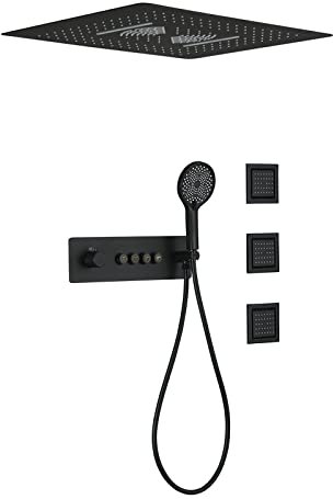 SWHC Duschsystem mit Thermostat, Duschsystem Unterputz Duschset Schwarz Dusche Regendusche Set mit 500 * 600 mm Duschkopf, Handbrause, Massage Seite Spray