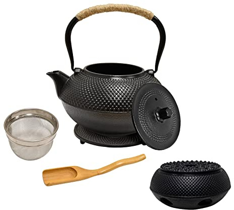 AD.CON Tekanna i gjutjärn 1,5 l svart japansk med sil av rostfritt stål gjutjärnskanna för löst te i asiatisk stil Zestaw Do Herbaty (tekanna med värmare (5 stycken))