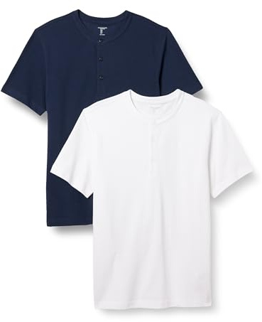 Amazon Essentials Camisa de manga corta Henley de piqué y corte entallado Hombre, Pack de 2, Azul Marino/Blanco, M