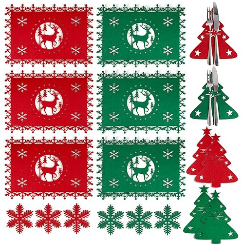 18pcs Felt Christmas Table Placemats Set of 6, Tree Cutlery Holder, Glasses Coasters, Mugs - Christmas Table Decoration for Party Dinner