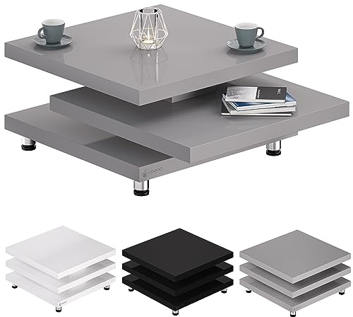 Casaria Couchtisch 60x60 cm Grau | Hochglanz, 360° Tischplatte, höhenverstellbare Füße, Holz, Sofatisch, Wohnzimmer, Cube Design, 3 Ablageflächen