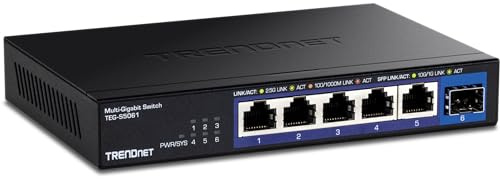 TRENDnet, TEG-S5061, 6-Port Unmanaged 2,5G Switch mit 10G SFP+-Port, 5 x 2,5GBASE-T-Ports, 45 Gbit/s Switching-Kapazität, lüfterlos, wandmontierbar