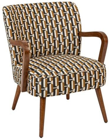 Atmosphera Créateur d'Intérieur - Fauteuil Chiara Tissu Chenille Noir Ocre Rétro Vintage Bois Hévéa Accoudoirs Semi-Ferme pour Salon, Bureau, Chambre