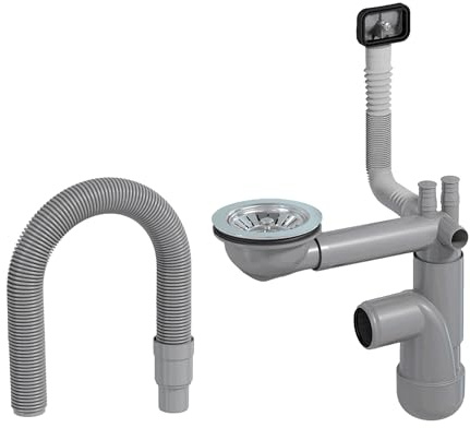 LAXARA Flexlok Teleskop Siphon für platzsparende Küchenspülen/Spülbecken | Universale Flexibilität mit recyceltem Kunststoff | (Flexlok1 mit eckigem Überlauf mit Abflussrohr ohne Magnetabdeckung)