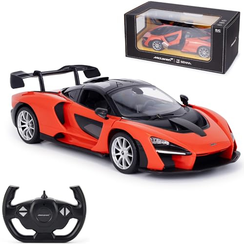 CMJ RC Cars McLaren Senna Voiture télécommandée à l'échelle 1/14 Orange avec portes papillon manuelles, feux de travail et suspension complète