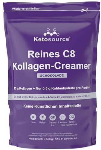 Crema di Collagene C8 Pura | Sapore Naturale di Cacao e Cioccolato | Si Mescola Facilmente Senza Formare Grumi | Polvere di Collagene Chetogenica per la Keto Diet | 500g | Ketosource®