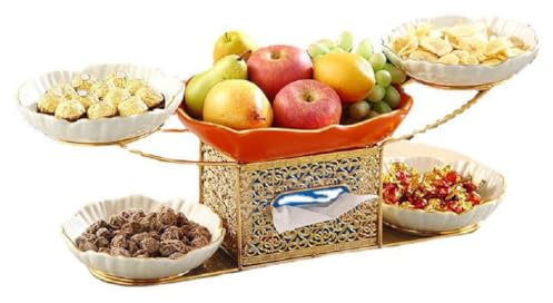 JUNYFFF Frutero De Cerámica De 3 Piso, Moderno Cesta De Frutas, Cesta para Fruta De 4 Niveles, Juego De Cuencos con Soporte Metálico para Decoración De Cocina, Verduras, Aperitivo,Blanco