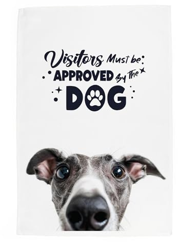 Purely Home Peeping Dog Tea Towel - Visitors Must Be Approved By The Dog - Whippet Gift Panama Cotton Kitchen Dish Towel/Drying Cloth - 67cm x 45cm