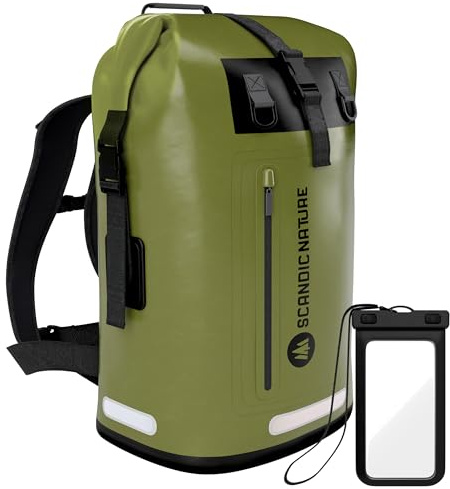 SCANDIC NATURE PIONEER 35L Rucksack oliv-grün | wasserdicht, Rolltop Verschluss, Boden mit 1000D PVC LKW-Plane, 3 Reflektor-Streifen, wasserfeste IPX8 Handyhülle